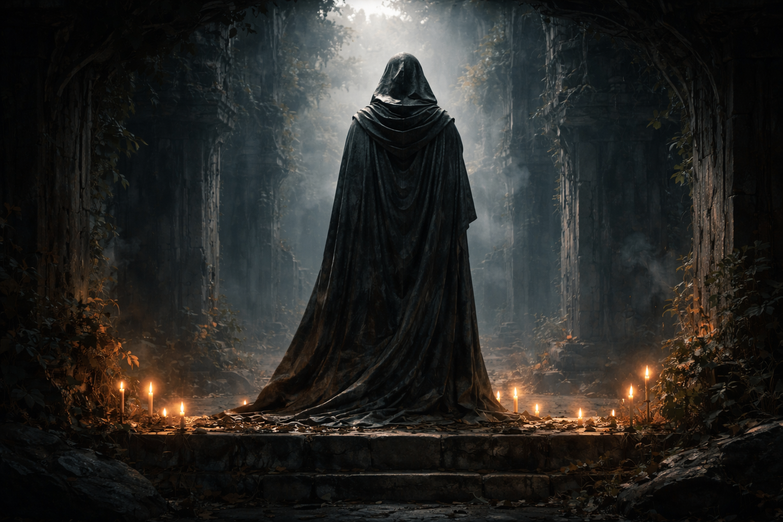 A cloaked figure waits in candlelight beneath the old world