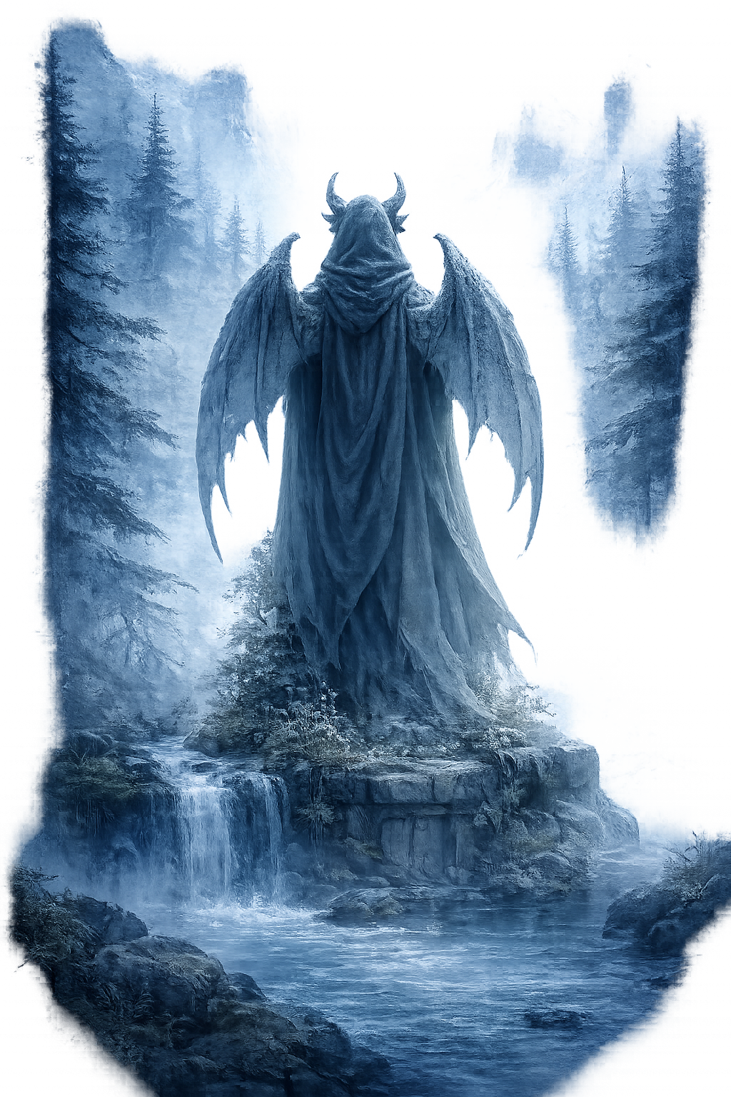 A stone figure watches over the frozen north